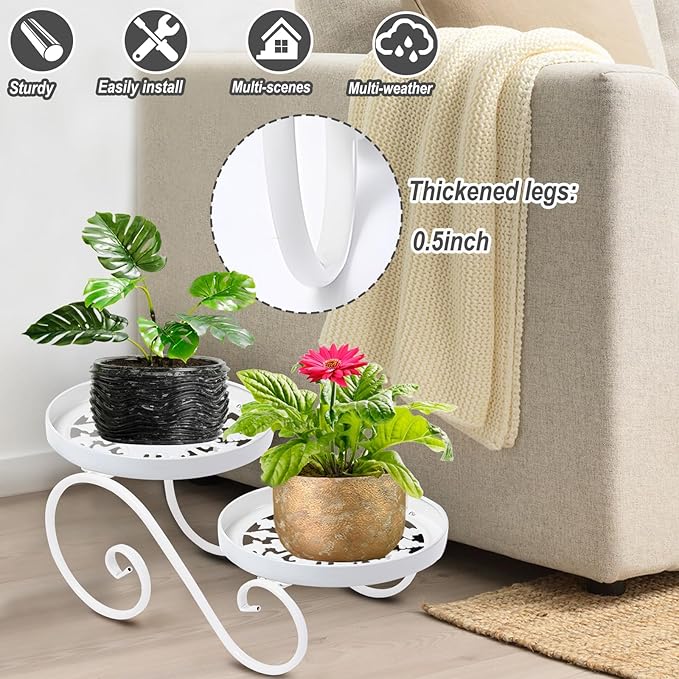 2 Tier White Plant Stand, Metal Flower Stand Indoor Outdoor, Anti-Rust Iron - Image 2