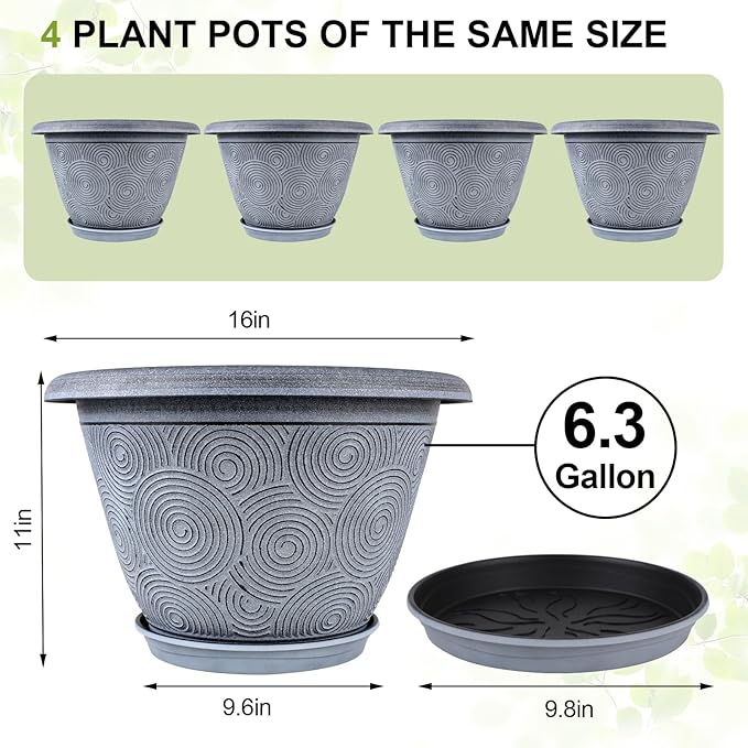 16 Inch Large Planter Pot for Plants Indoor Outdoor, 4 Pack Plastic Flower Pots - Image 4