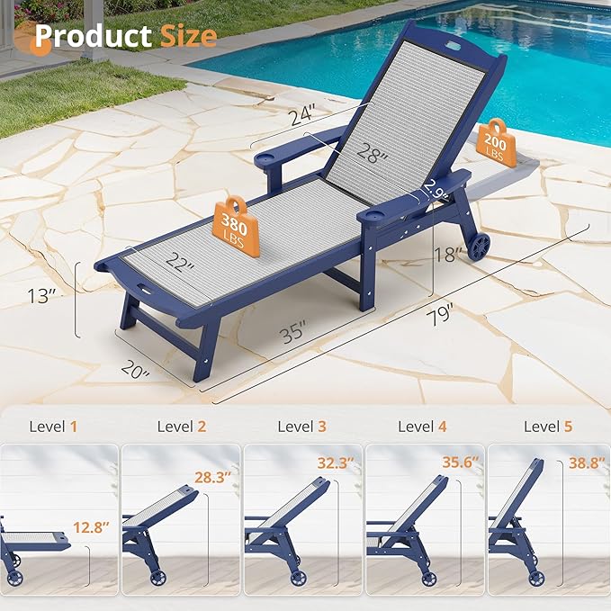 LUE BONA Chaise Lounge Chair Outdoor Set of 4, HDPS and HDPE Wicker Material - Image 2