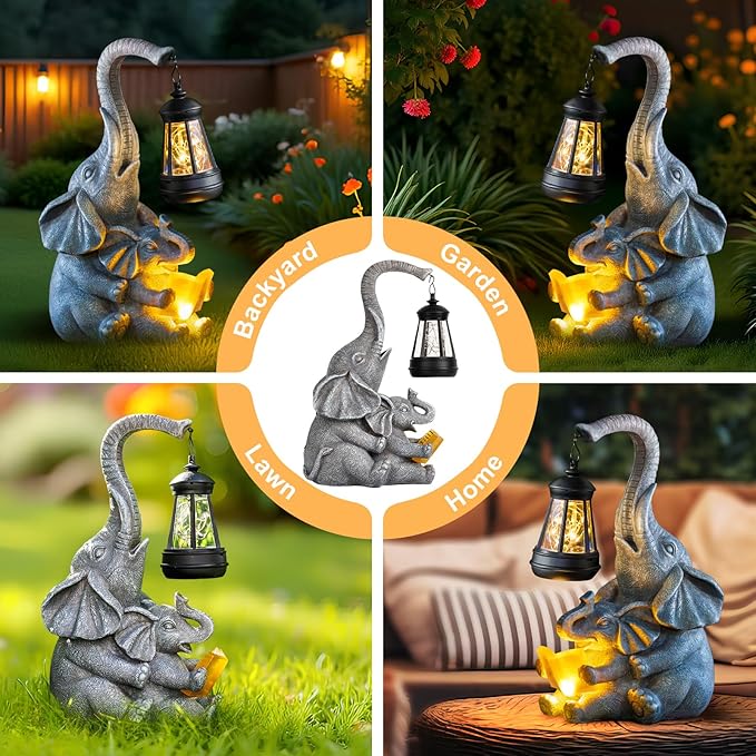 Solar Garden Statue Lights Loving Elephants Figurine - Image 8