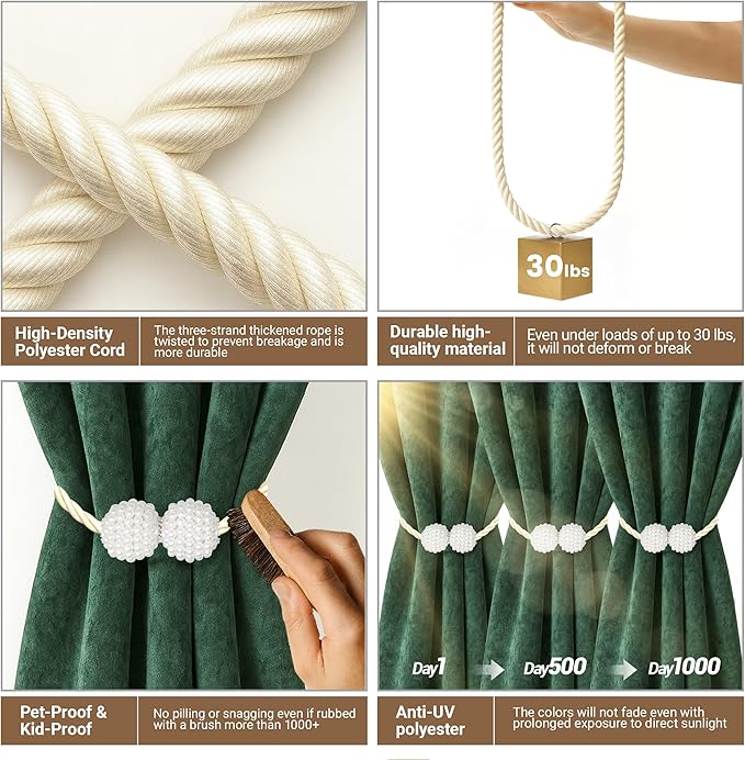 Hion Magnetic Curtain Tiebacks Beige 2pcs, Curtain Tiebacks Buckles Holdbacks - Image 4
