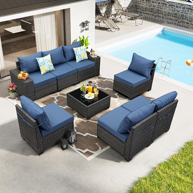 8 Pieces Patio Furniture Set All-Weather Outdoor Wicker Sectional Conversation by JOYURE