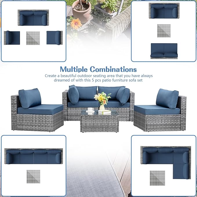 Shintenchi 5 Pieces Outdoor Patio Sectional Sofa Couch - Image 2