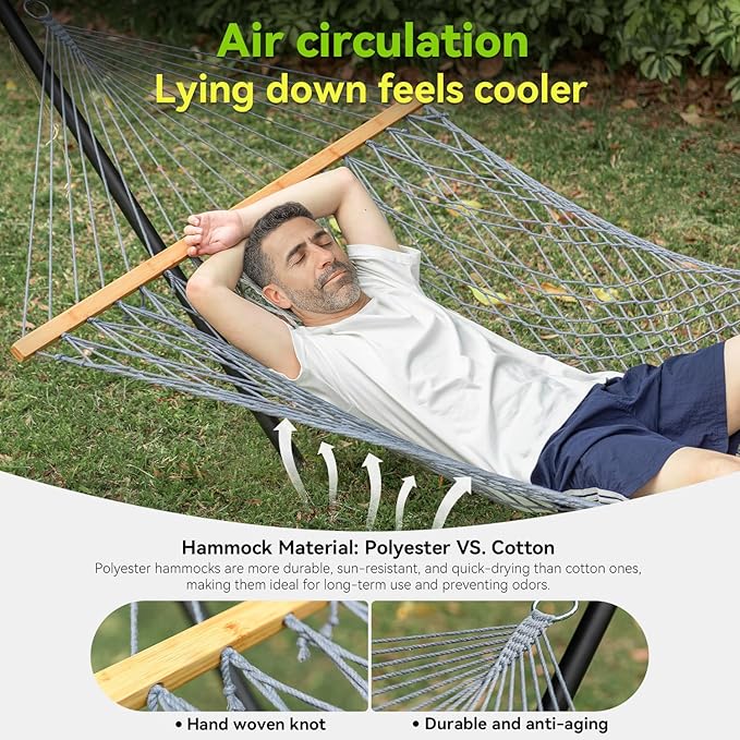 Double Hammock for 2 Person, Handwoven Rope Hammock - Image 4