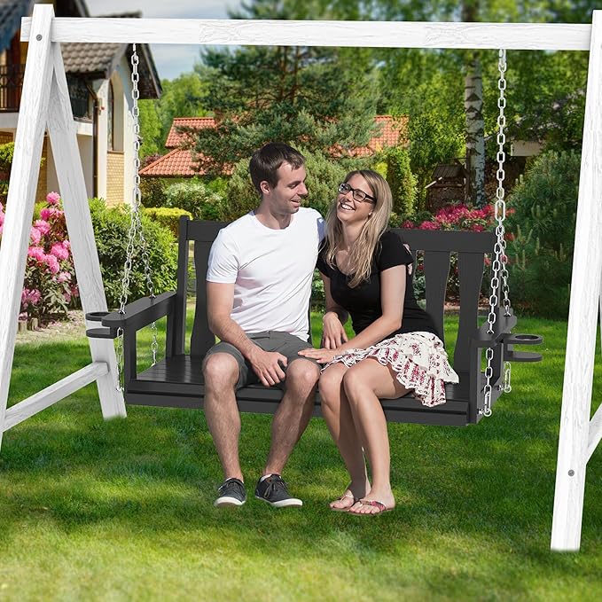 HIPS All-Weather Outdoor Hanging Porch Swing, 2 Seat Hanging Swing Bench - Image 7
