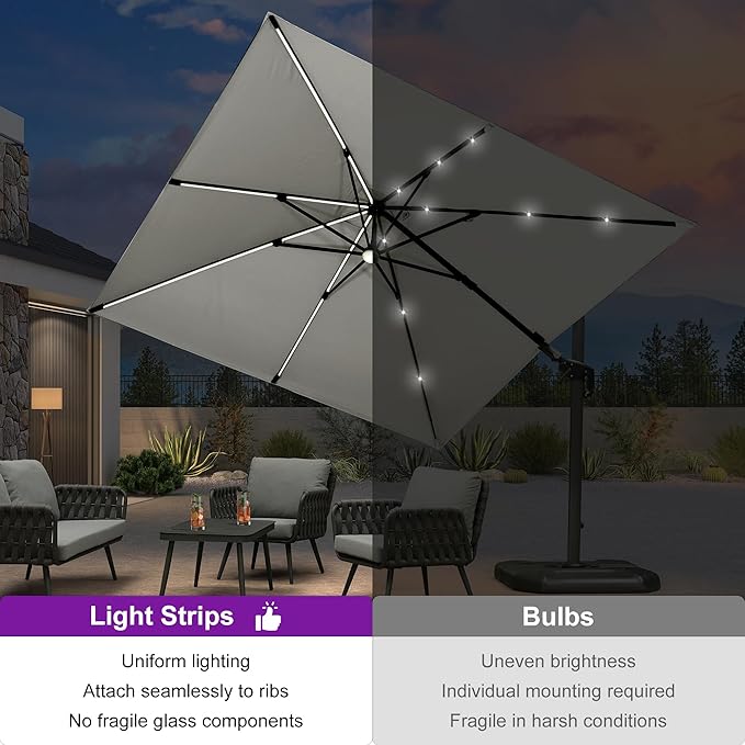 PURPLE LEAF 10 Feet Patio Umbrella Outdoor Cantilever Solar Powered LED Swivel - Image 4