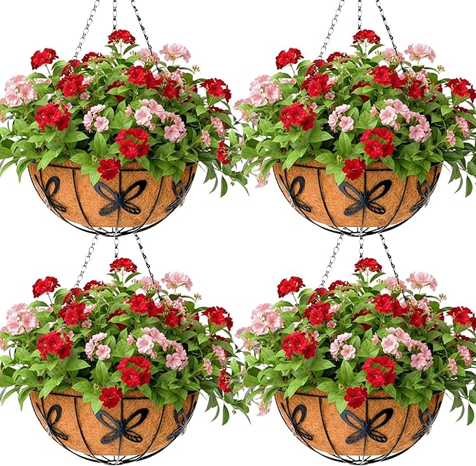 12 inch Metal Hanging Baskets For Plants Outdoor 4 Pack Round Metal Wire by JFFLYIT