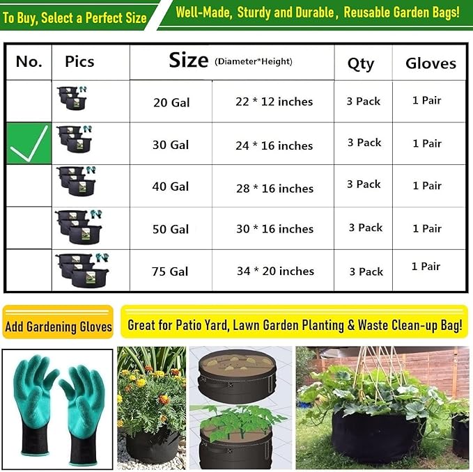 3-Pack 30 Gallon Thickened Plant Grow Bags Large Heavy Duty Garden Bag Fabric - Image 8