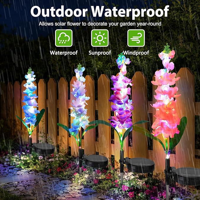4 Pack Color Changing Solar Lights Outdoor Waterproof, Solar Delphinium Flower - Image 2