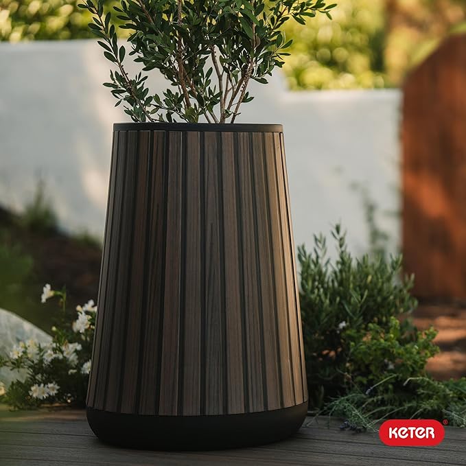 Keter Signature Conic 28.5 Inch Tall Round Large Wood Look Planter - Image 13