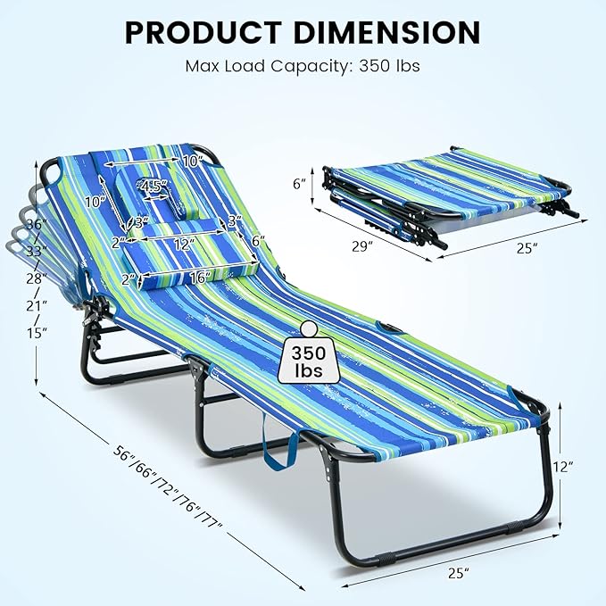 GYMAX Tanning Chair, 350lbs Beach Lounge Chair - Image 3