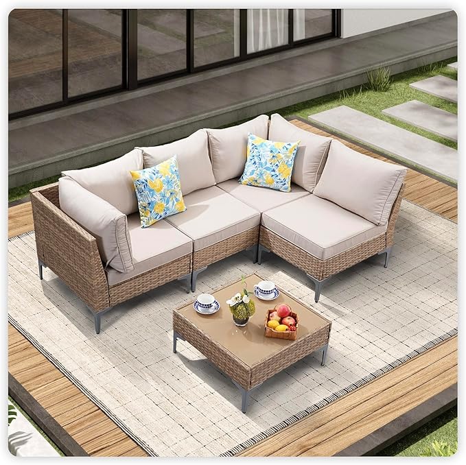 5 Piece Wicker Patio Furniture Set, Outdoor Conversation Sectional Sofa by JOYURE
