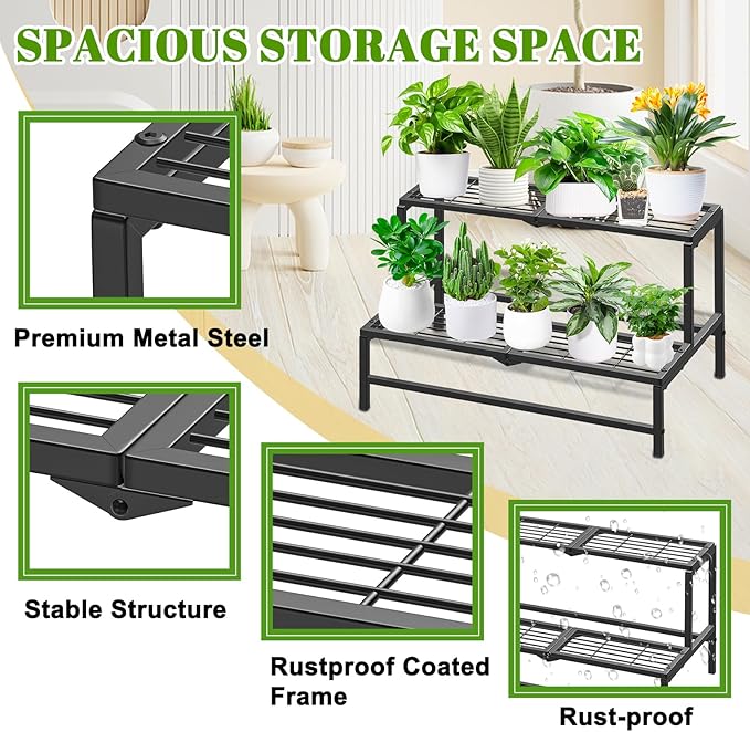 2 Tier Plant Stand Indoor Outdoor, Heavy Duty Metal Tall Plant Shelf - Image 3