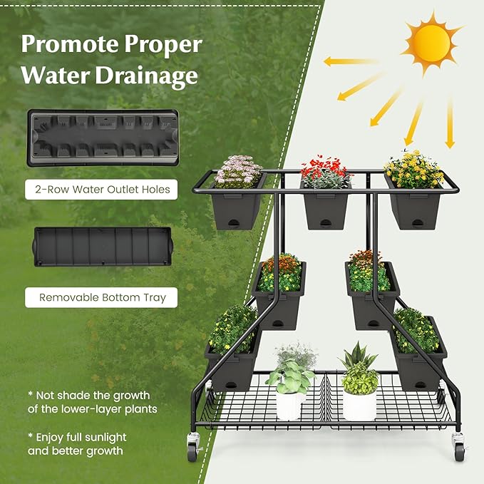 Giantex Rolling Raised Garden Bed w/ 7 Planter Boxes, Storage Baskets, Drainage - Image 6