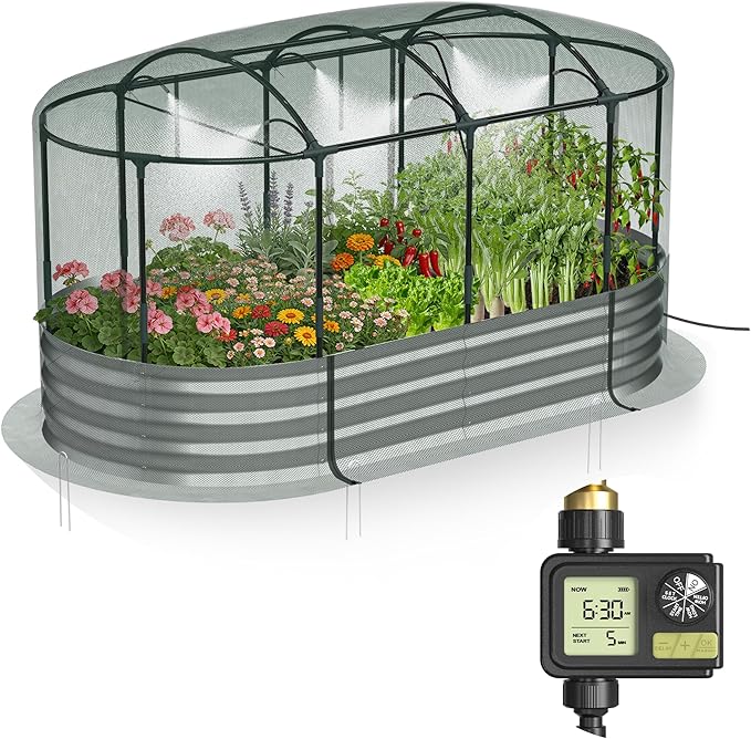 Raised Garden Bed with Sprinkler Timer and Self-Watering System, Galvanized by Lineware