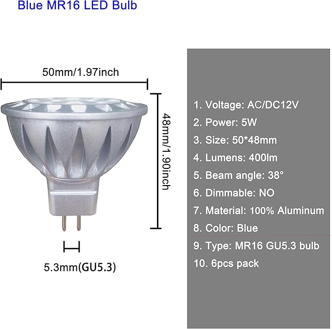 ALIDE MR16 GU5.3 Blue Led Bulbs 5W, 20W 35W 50W Halogen Equiv, Low Voltage 12V - Image 2