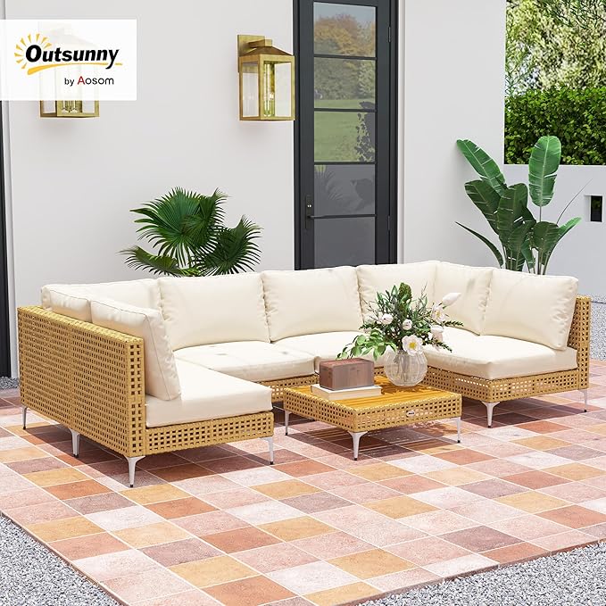 Outsunny 7 Piece Wicker Patio Furniture Set, Modular Outdoor Sectional - Image 3