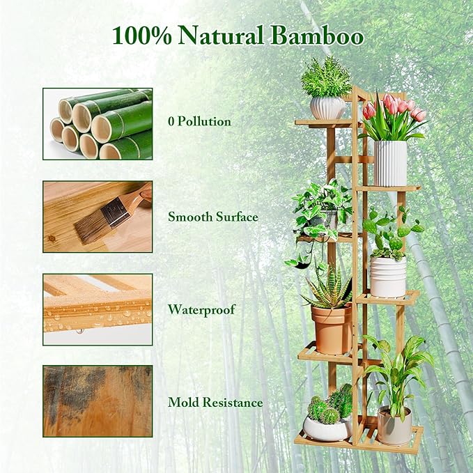 DolceLuna Plant Stand Indoor Corner, Tiered Bamboo Plant Shelf 46 Inch Tall - Image 4