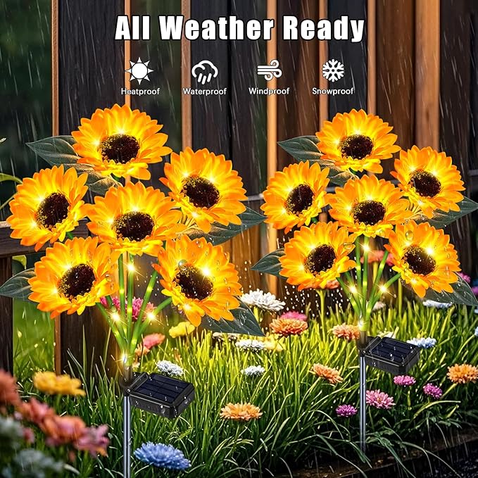Solar Sunflower Lights Outdoor Flower Garden Stake Lights, 4 Pack 24 Sunflower - Image 2