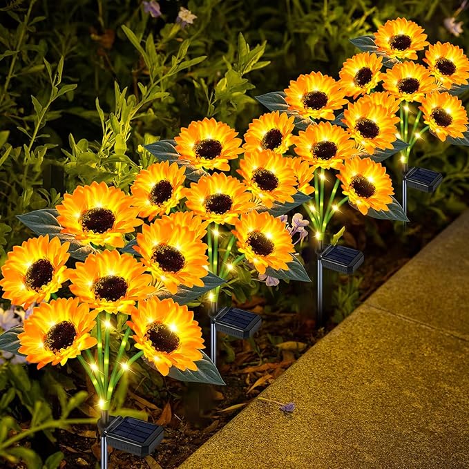 Solar Sunflower Lights Outdoor Flower Garden Stake Lights, 4 Pack 24 Sunflower by yeuago