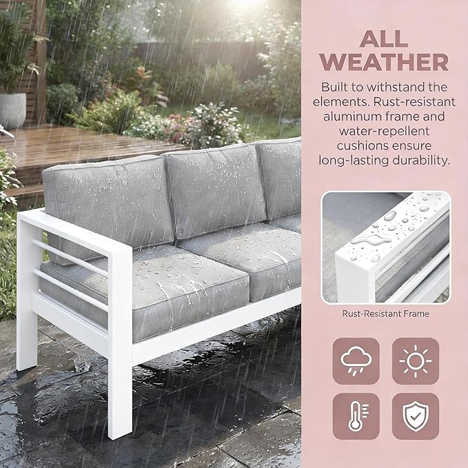 Kiss the Water Outdoor Couch Aluminum Patio Furniture Sofa, 3 Seat All-Weather - Image 6