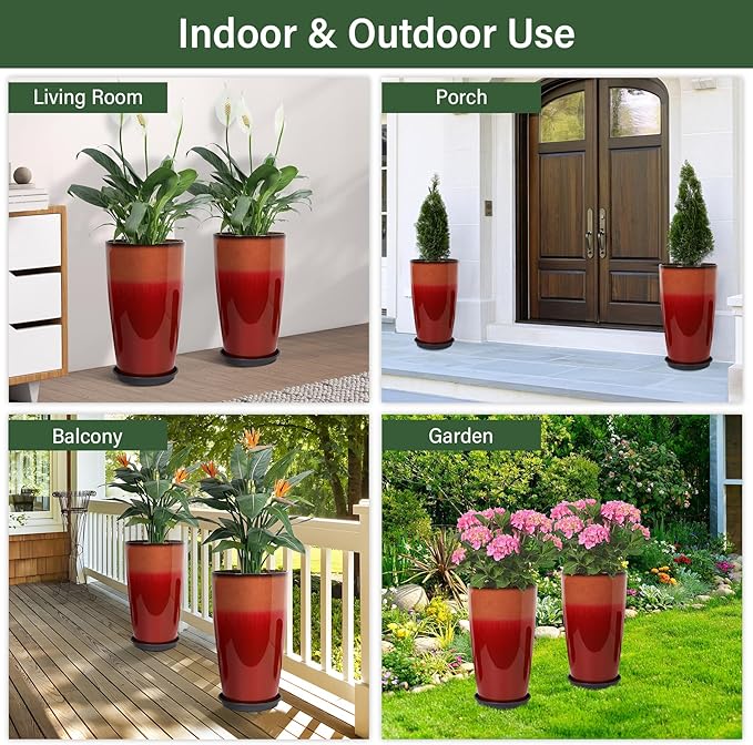 Set of 2 Lightweight Ceramic-Look Tall Planter, 21 inch Large Plastic Planter - Image 6