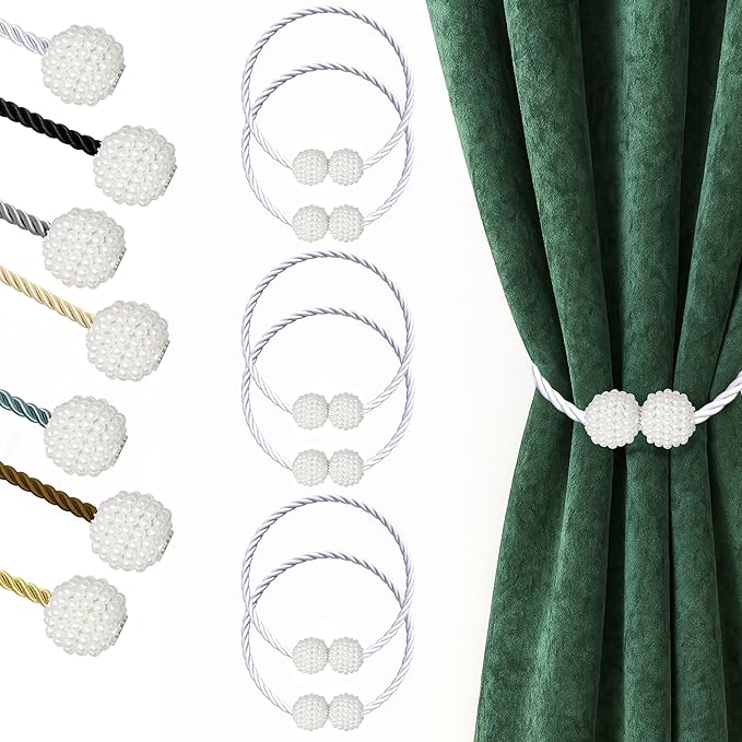 Hion Magnetic Curtain Tiebacks White 6 Pack, Curtain Tiebacks Buckles Holdbacks by Hion