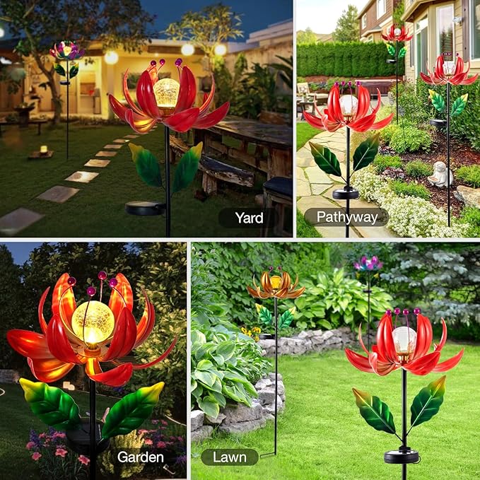 Solar Lights Outdoor Wind Spinners, Metal Lotus Flower Garden Decor - Image 2