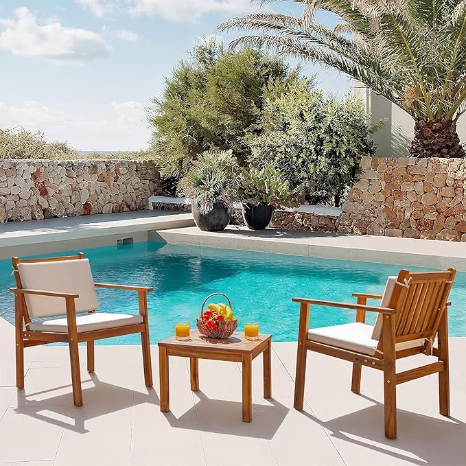 Devoko Patio Set 3 Piece Acacia Wood Outdoor Furniture Conversation Seat - Image 2