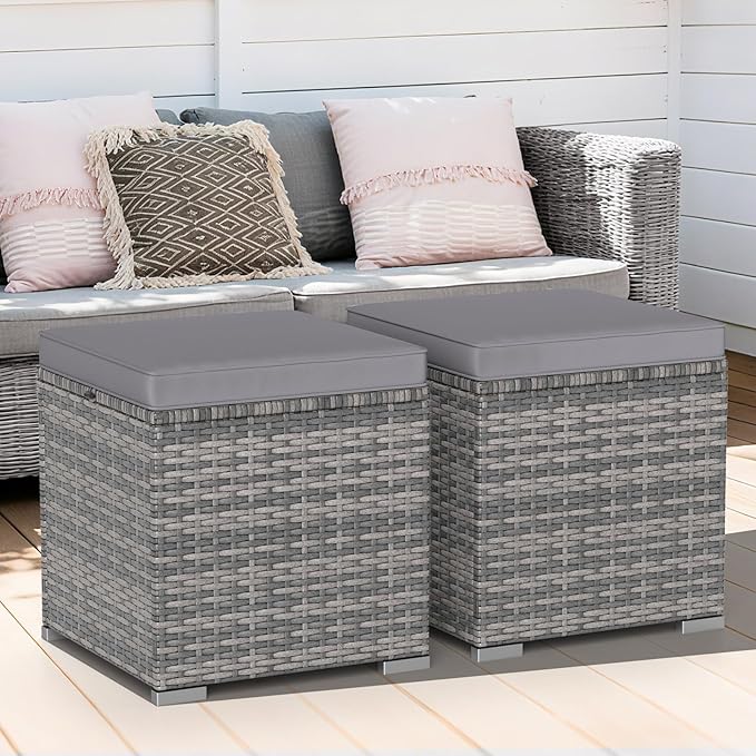 Tangkula 2 Pieces Patio Ottomans, Patiojoy Hand-Woven PE Rattan Side Table - Image 9