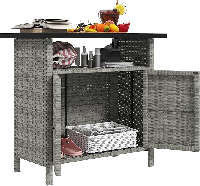 Outsunny Wicker Outdoor Storage Cabinet, Rattan Outdoor Bar Table by Outsunny