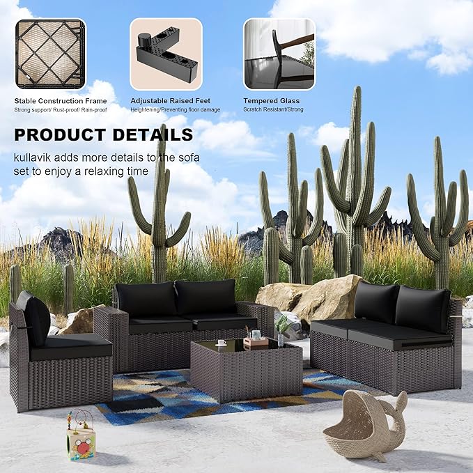 Kullavik 6PCS Outdoor Patio Furniture Set PE Wicker Rattan Sectional Sofa Patio - Image 4
