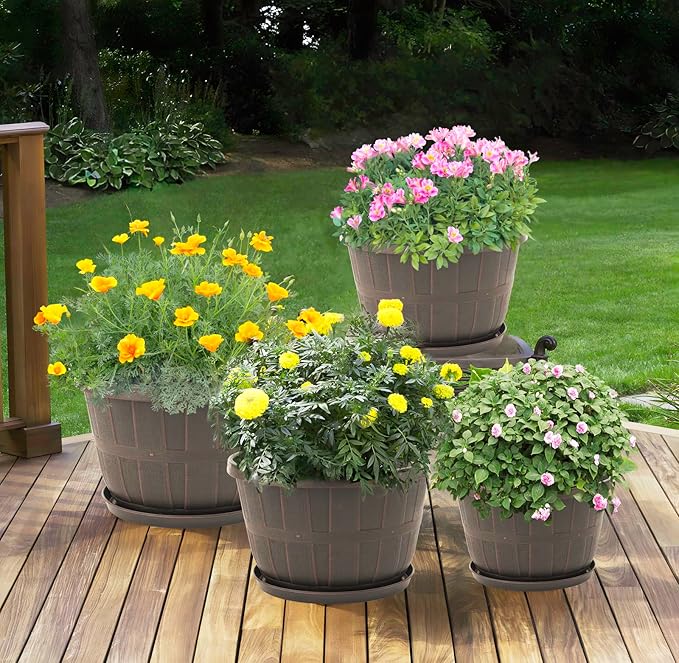 Quarut 16 Inch Brown Classic Plastic Whiskey Barrel Planters Set of 4 - Image 6