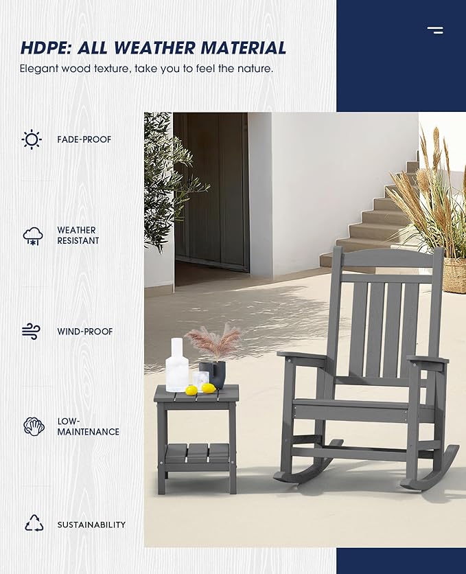 KINGYES HDPE Outdoor Rocking Chair, Widened Seat Patio Rocking Chair, Oversized - Image 5
