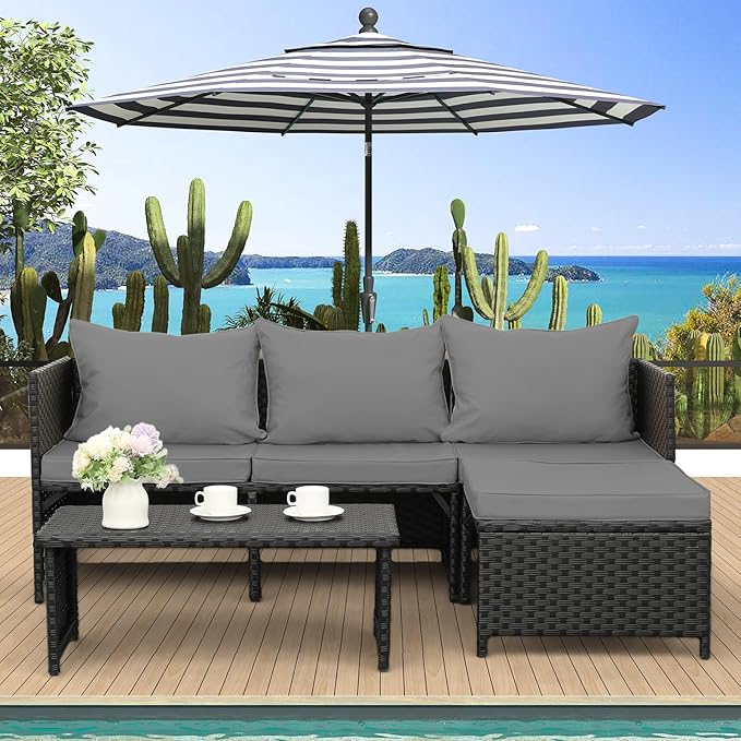 Valita 3-Piece Outdoor PE Rattan Furniture Set Patio Black Wicker Conversation - Image 2