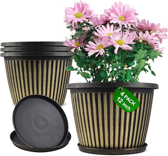 Large-Planter-Indoor-Outdoor Plant Pots, 12 inch 4 Pack Plastic Flower Pots by Myfeegoin