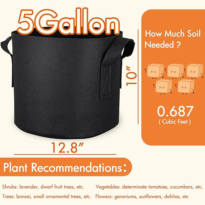 Gardzen 10-Pack 5 Gallon Grow Bags, 300G Thickened Aeration Fabric Pots - Image 2
