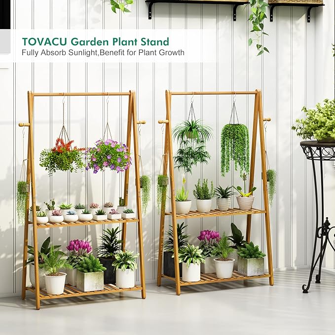 Hanging Plant Shelf Indoor Outdoor Plant Stands Wood Flower Stand 2 Tiered - Image 4