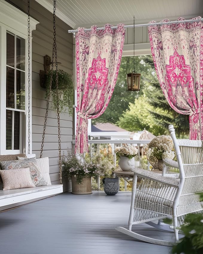 Pink Bohemian Outdoor Curtains for Patio Waterproof, Grommet Privacy Curtain - Image 4