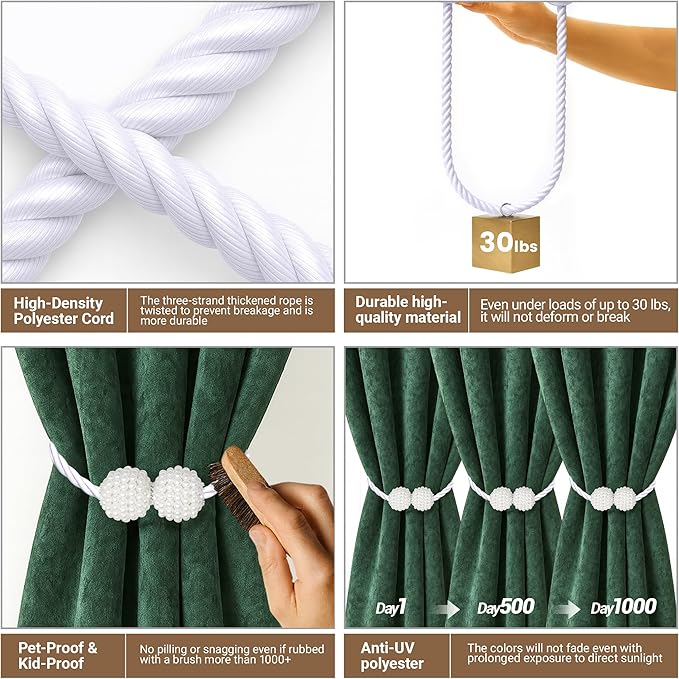 Hion Magnetic Curtain Tiebacks White 2pcs, Curtain Tiebacks Buckles Holdbacks - Image 4