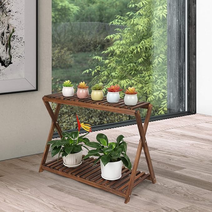 Wood Plant Stand Indoor Outdoor 2 Tiers Flower Stand Corner Stepped Planter - Image 7