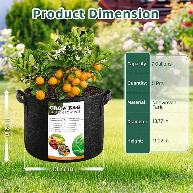 5 Pack 7 Gallon Grow Bags with Handles, Thickened Aeration Nonwoven Fabric - Image 2