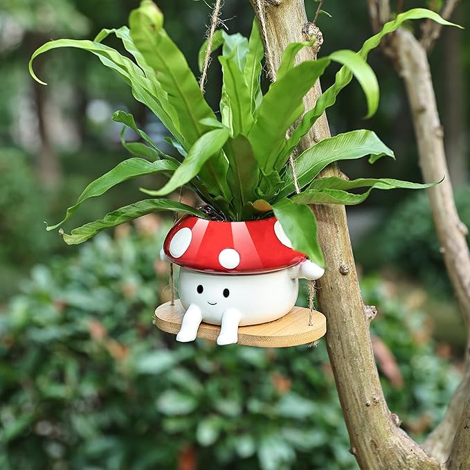 Fungi Fun Mushroom Hanging Planter Pot, Cute Ceramic Swing Face Planter - Image 4