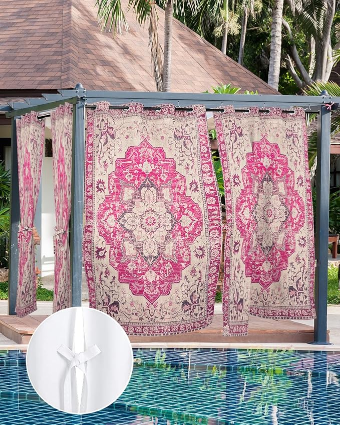 Pink Bohemian Outdoor Curtains for Patio Waterproof, Grommet Privacy Curtain - Image 7
