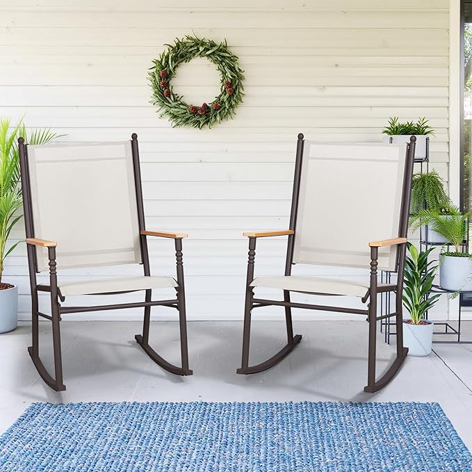 Shintenchi 2 Pcs Outdoor Rocking Chairs Set, Upgraded High Back Patio Rocking - Image 7