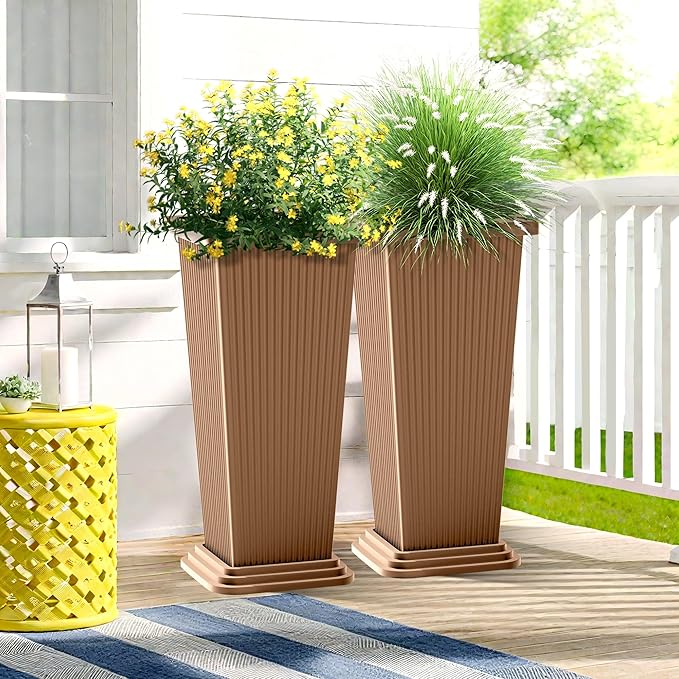 FENCY Set of 2 Tall Planters for Outdoor Plants, 24 Inch Large Tapered Pots - Image 4