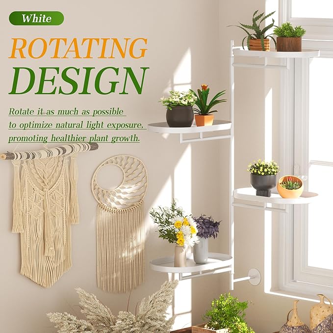 Window Rotating Plant Stand Shelf Indoor White Metal Floating Shelves 4-Tier - Image 2