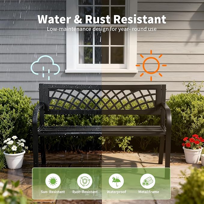 Garden Bench, Outdoor Benches, Iron Steel Frame Patio Bench - Image 4