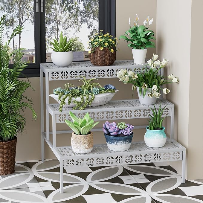 Garden 4 you 3 Tiers Metal Plant Stand, Rectangular Ladder Flower Pots Outdoor - Image 7
