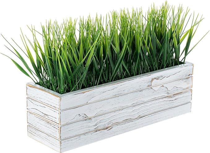 MyGift 14 Inch Artificial Green Grass Plant in Shabby White Washed Wood Planter by MyGiftHome